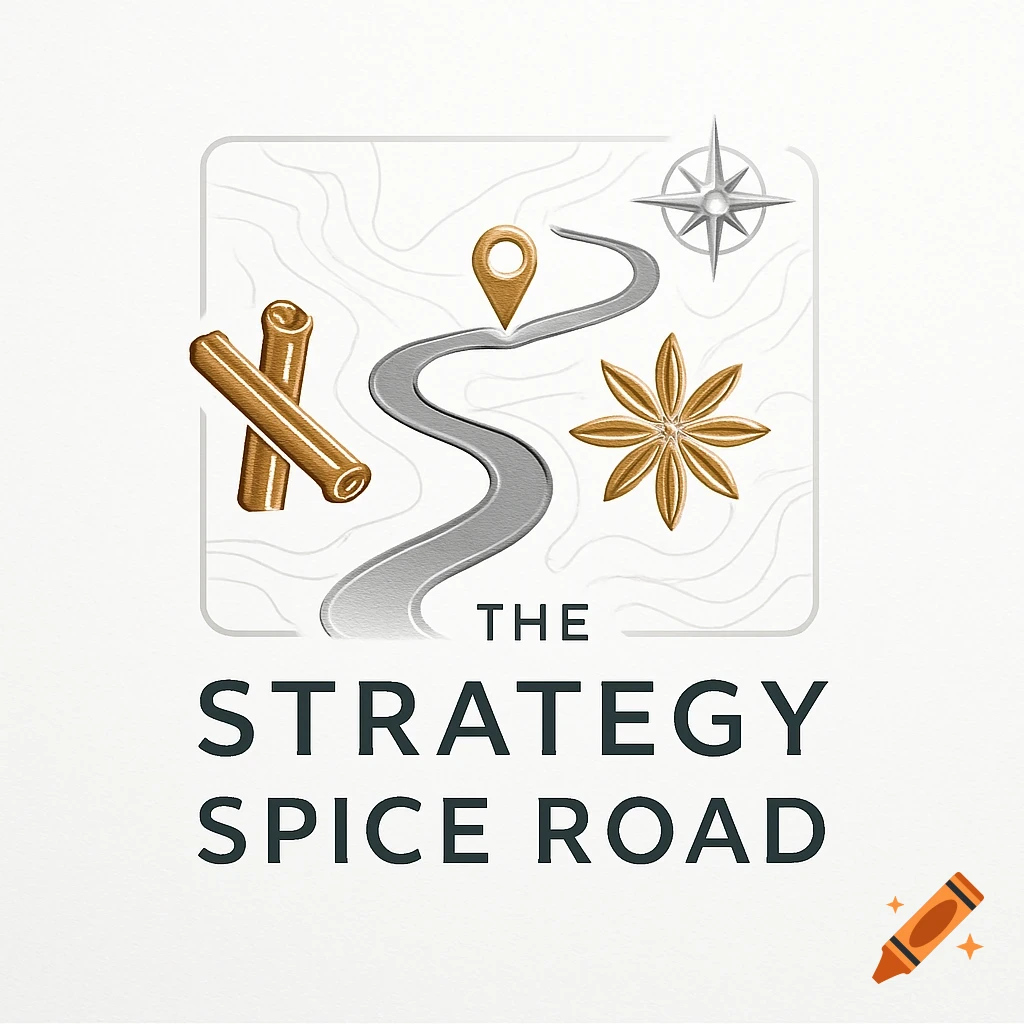 Logo for 'The Strategy Spice Road' featuring a winding road, map pin, cinnamon sticks, star anise, and a compass rose.
