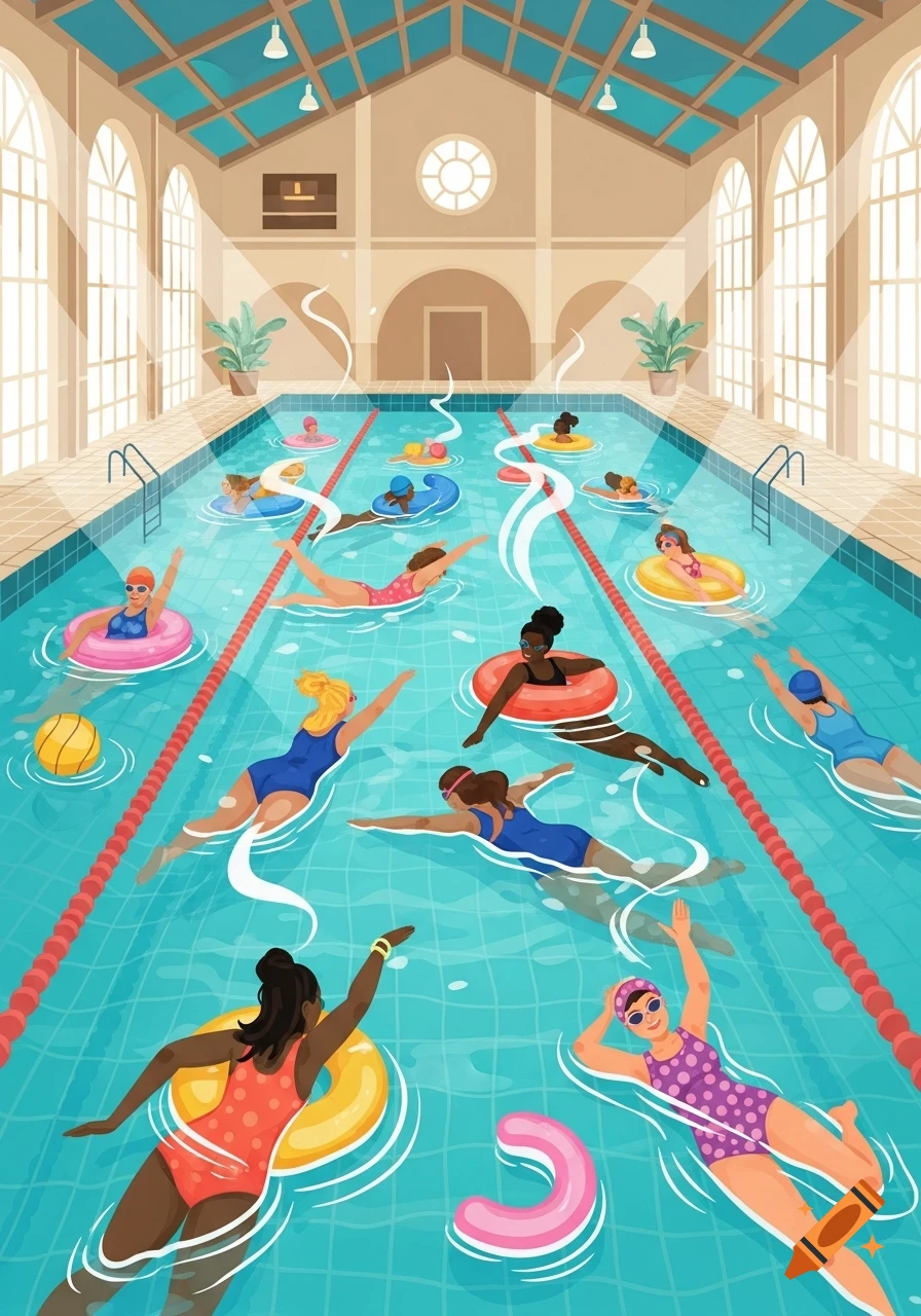 Illustrated scene of diverse women swimming and floating on inner tubes in a bright indoor pool.