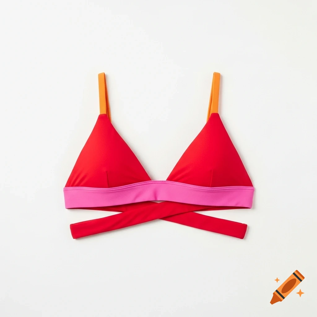Red triangle bikini top with a pink band and orange straps on a plain white studio background.
