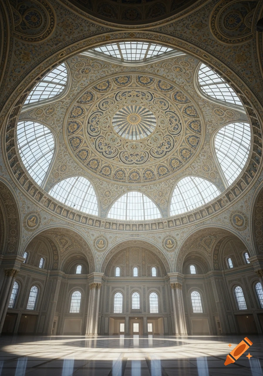 An ornate, grand domed hall with decorative ceilings, large windows, and sunlight streaming onto a polished floor.
