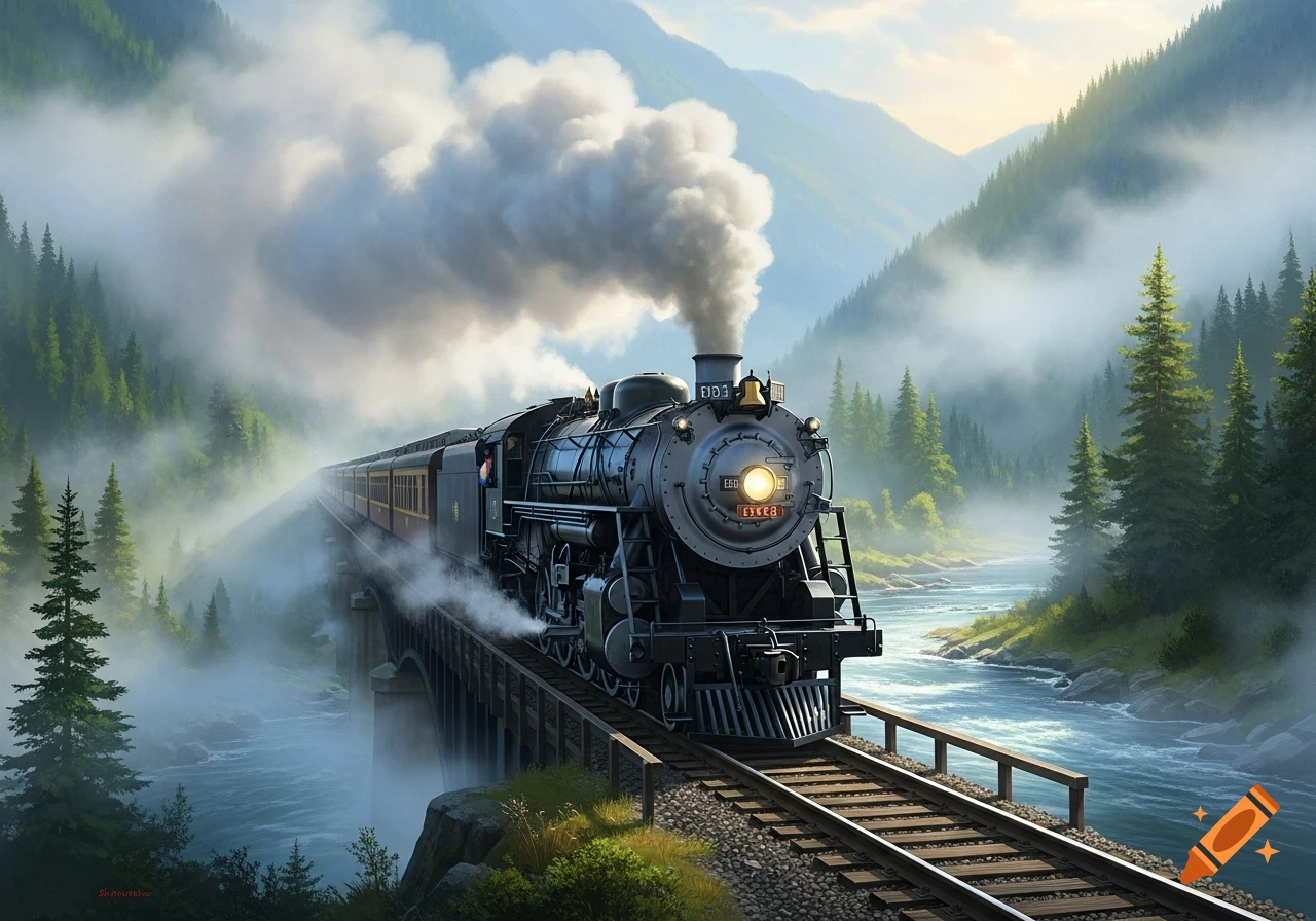 A majestic steam train crosses a bridge over a misty river in a lush mountain forest, with sun rays piercing through the fog.