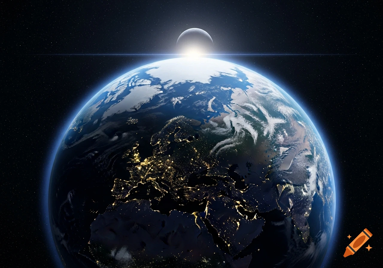 Photorealistic image of Earth from space, showing continents lit by city lights at night and ice caps during the day, with the moon rising above.