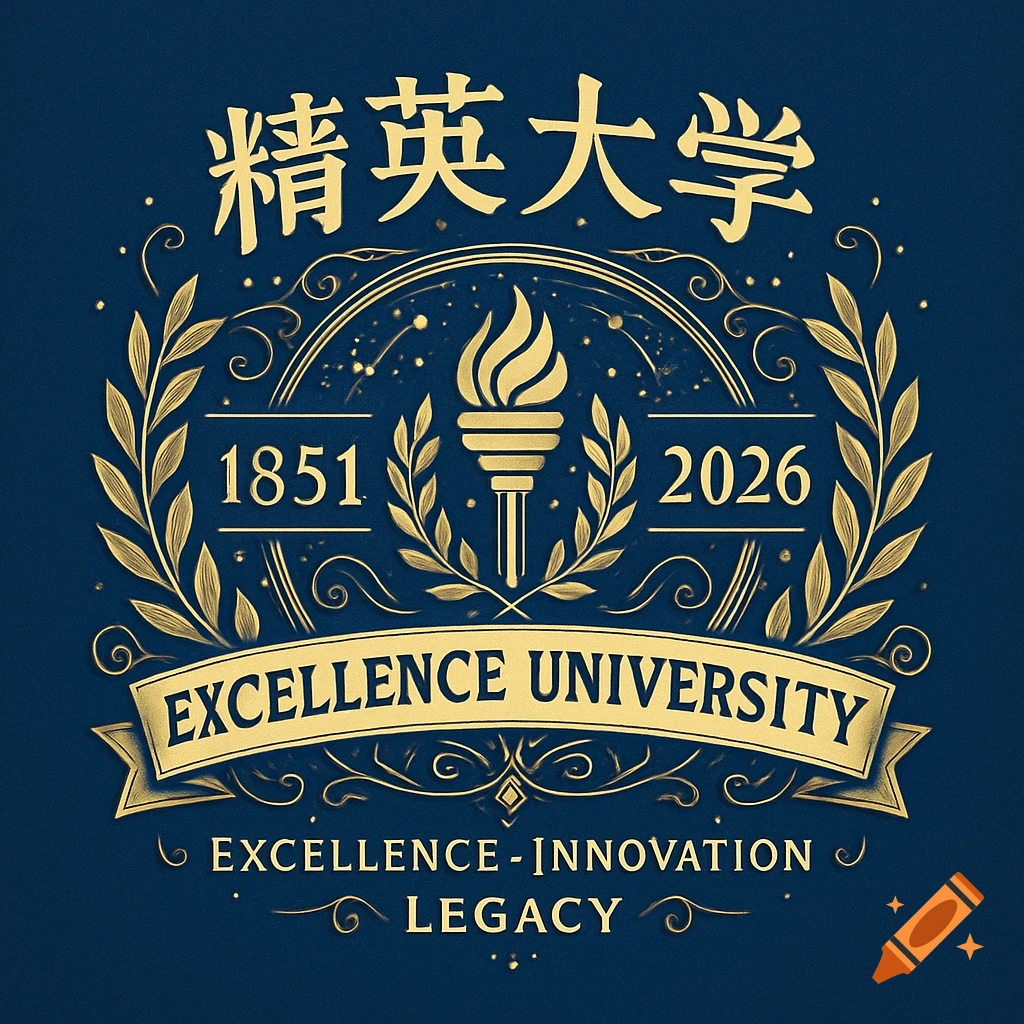 A gold and blue university logo featuring a torch, laurel wreath, and a banner reading "EXCELLENCE UNIVERSITY" with years 1851 and 2026. Chinese characters and the words "EXCELLENCE-INNOVATION LEGACY" are also present.