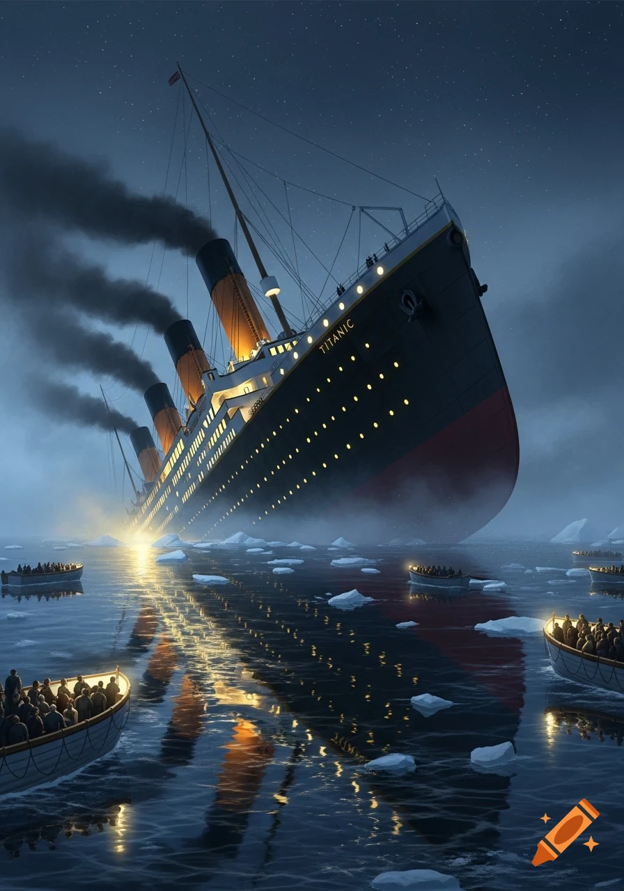 A dramatic illustration of the Titanic sinking at night, its stern rising from an icy ocean, surrounded by lifeboats filled with people.