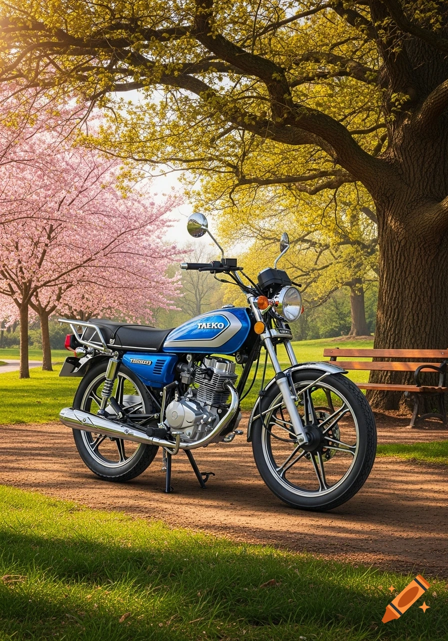 A blue and silver Taeko motorcycle parked on a dirt path in a vibrant park with cherry blossom trees and green grass.