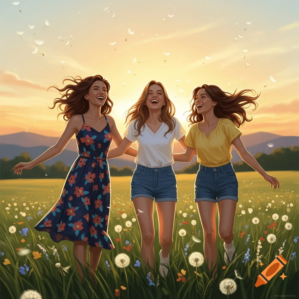 Three joyful women laughing and running hand-in-hand through a sunlit meadow with dandelions and flowers, with hills in the background.