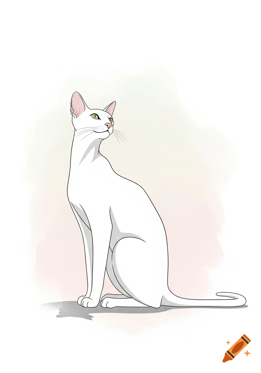 Minimalist illustration of a white cat with green eyes, sitting and looking left.
