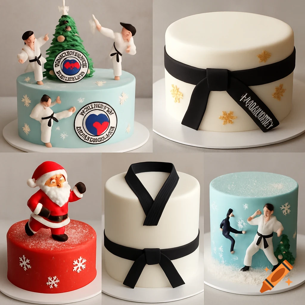 A collage of six decorative Taekwondo-themed Christmas cakes, featuring fondant figures of martial artists and Santa, belts, and snowflakes.