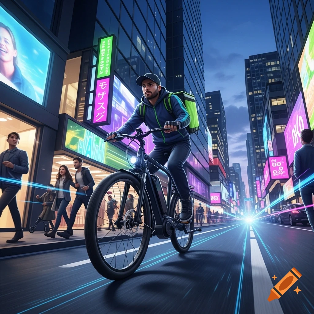 A delivery person on an e-bike, wearing a cap and a bright green backpack, rides down a neon-lit city street at dusk.