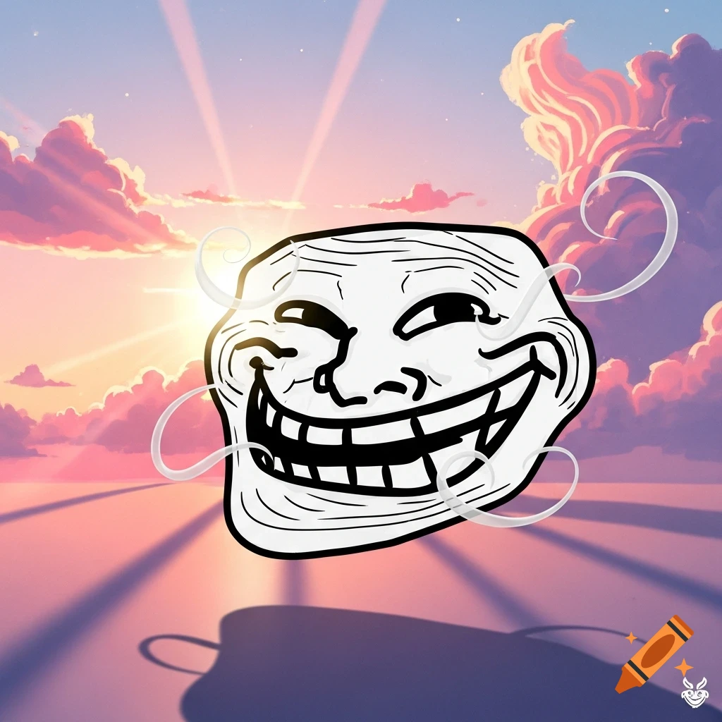 Troll face meme floating in a pink and purple anime-style sunset sky with sun rays.