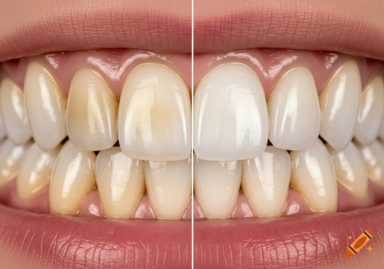 Close-up of human upper front teeth showing a before-and-after comparison, with yellow and stained teeth on the left and bright white, glossy teeth on the right.