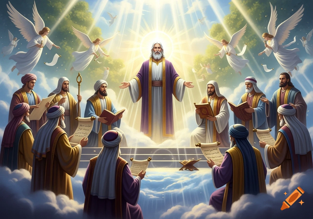 A divine figure in purple robes with outstretched arms, radiating light, surrounded by robed prophets holding scrolls and flying angels in a bright, cloudy sky.