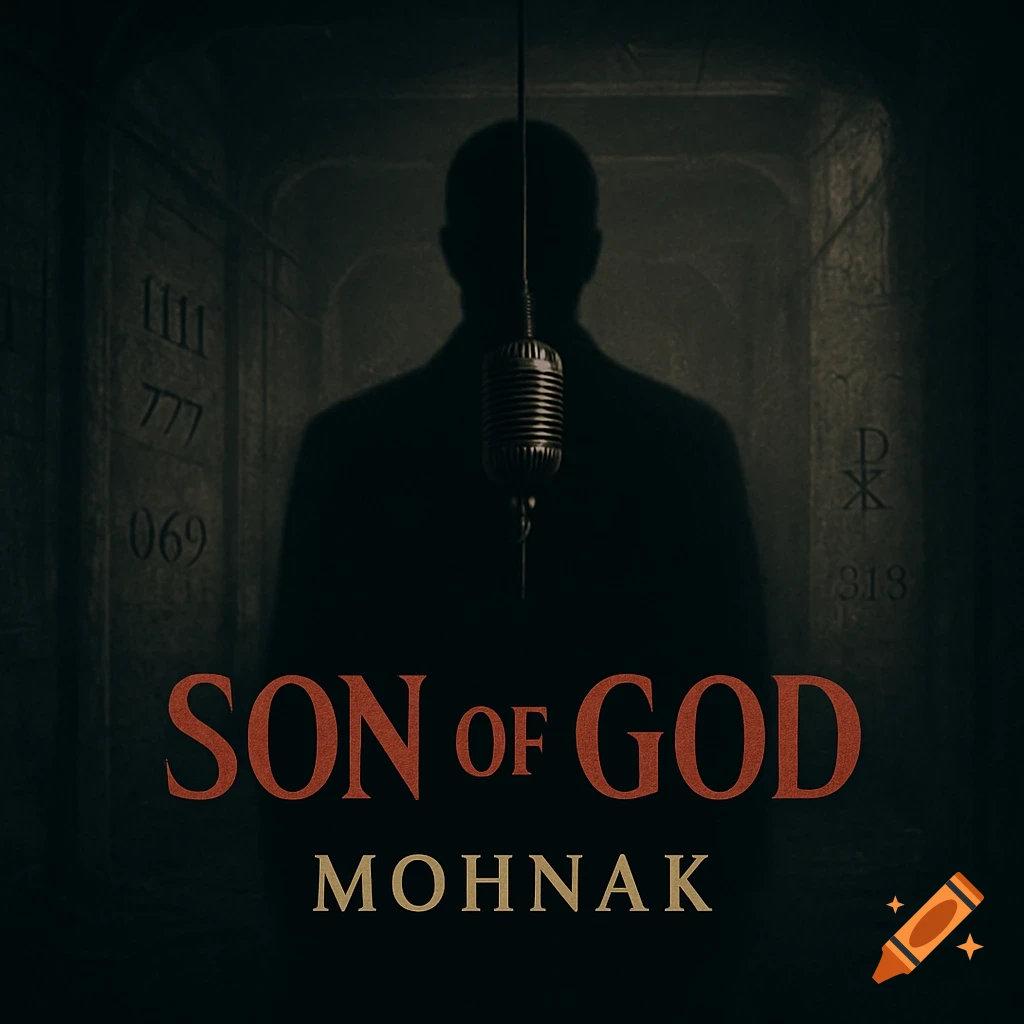 A shadowy figure in a dark, ominous room stands behind a vintage microphone. Text reads "SON of GOD" and "MOHNAK" in a bold, red and gold font, with subtle numbers and a Christian symbol on the textured walls.