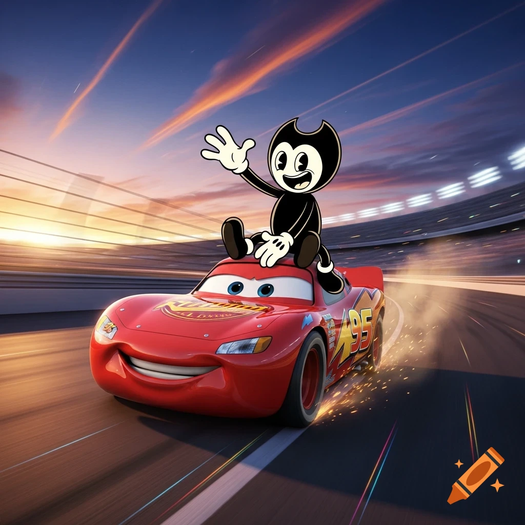 Cartoon character Bendy sits on red race car Lightning McQueen speeding on a track at sunset.