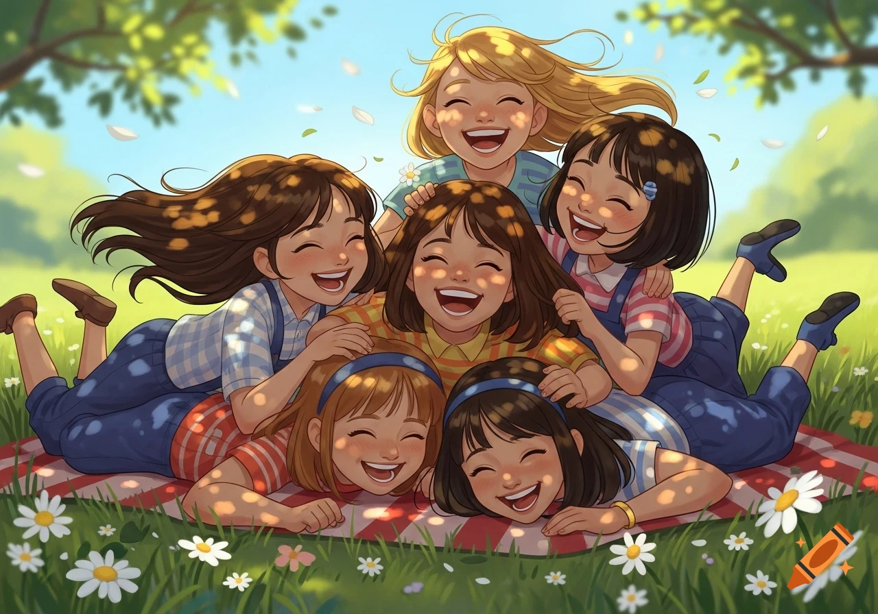 Six smiling anime-style girls happily pile on each other on a red and white picnic blanket in a sunny, grassy park with daisies.
