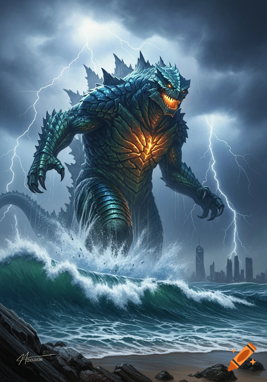 A giant, green scaly kaiju with glowing eyes and chest emerges from stormy ocean waves as lightning strikes, with a city skyline in the background.