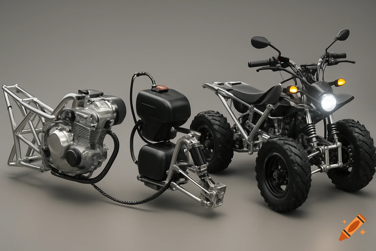 Detailed studio shot of an ATV in parts, with an engine, fuel tank, and the main quad bike chassis and wheels.