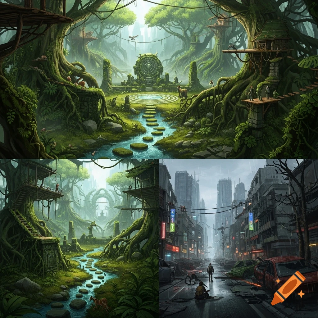 A split view: a lush fantasy jungle valley with ruins and river, and a desolate, rainy post-apocalyptic city with damaged buildings.