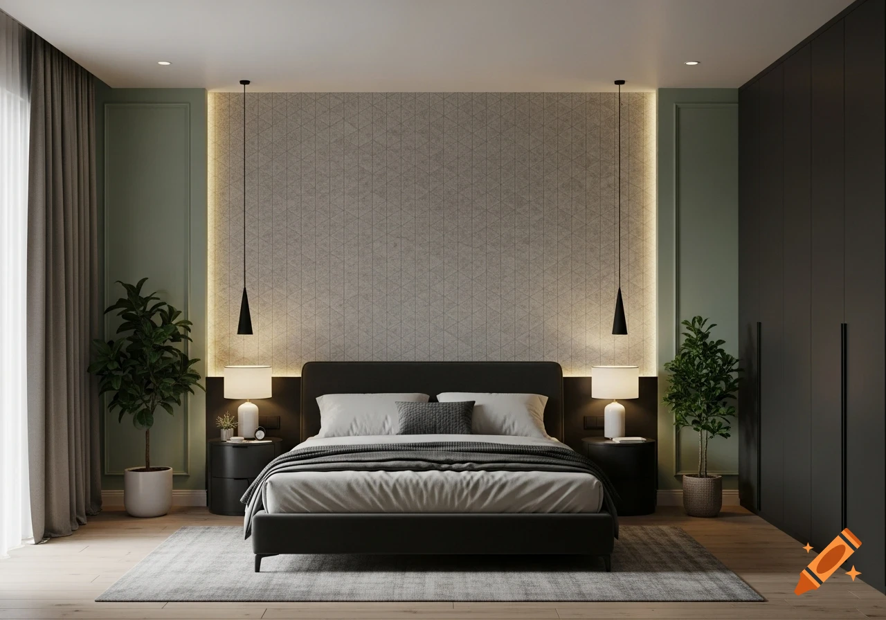 A modern bedroom with a black bed, sage green walls, geometric wallpaper, dark wardrobes, two potted plants, and warm ambient lighting.