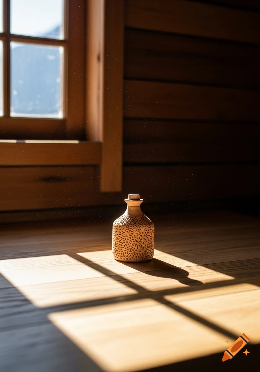 A small, textured bottle with a cork stopper sits on a wooden floor, bathed in sunlight streaming through a window, casting distinct shadows.