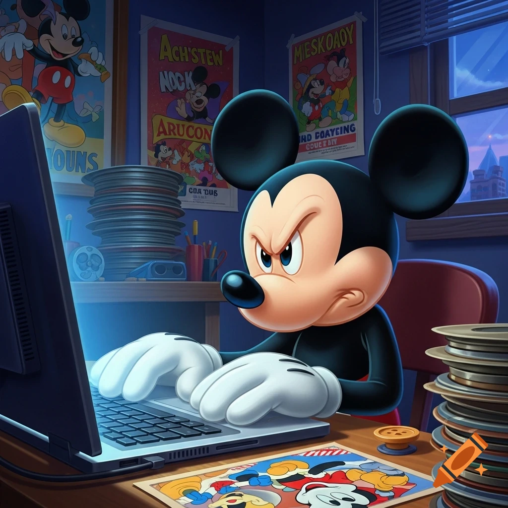 Mickey Mouse sits furiously typing on a laptop in a dimly lit room with film reels and cartoon posters.