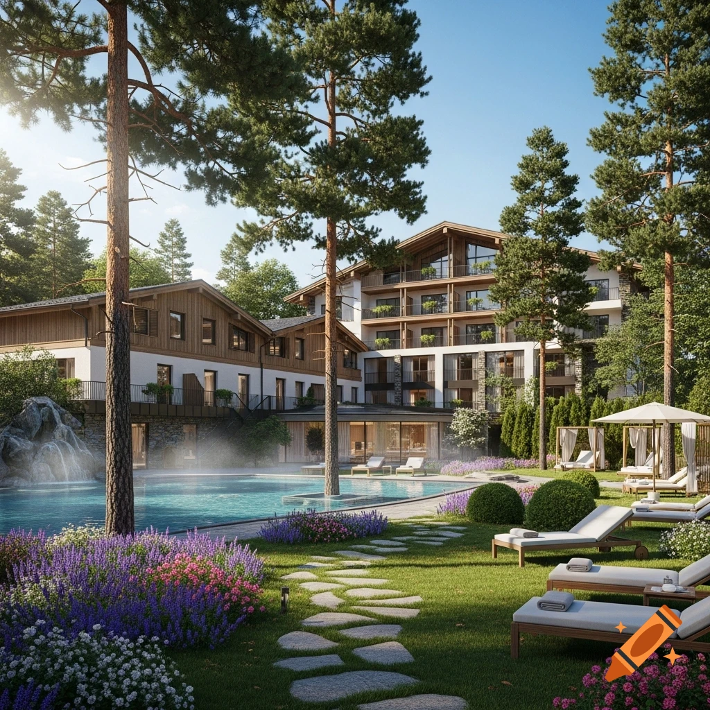 Photorealistic image of a luxurious hotel complex with an outdoor pool, stone path, and vibrant garden foliage in a pine forest.