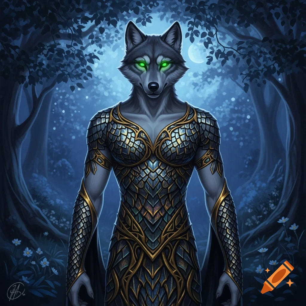 A digital painting of an androgynous wolf-like humanoid in a moonlit forest, wearing a gold and dark scale-patterned armor/dress and glowing emerald eyes.