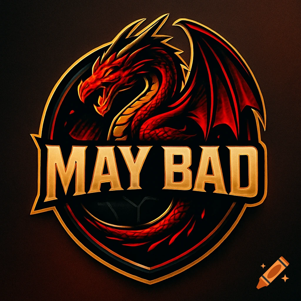 A stylized red and gold dragon logo with large wings, above the text 'MAY BAD' in a shield emblem.