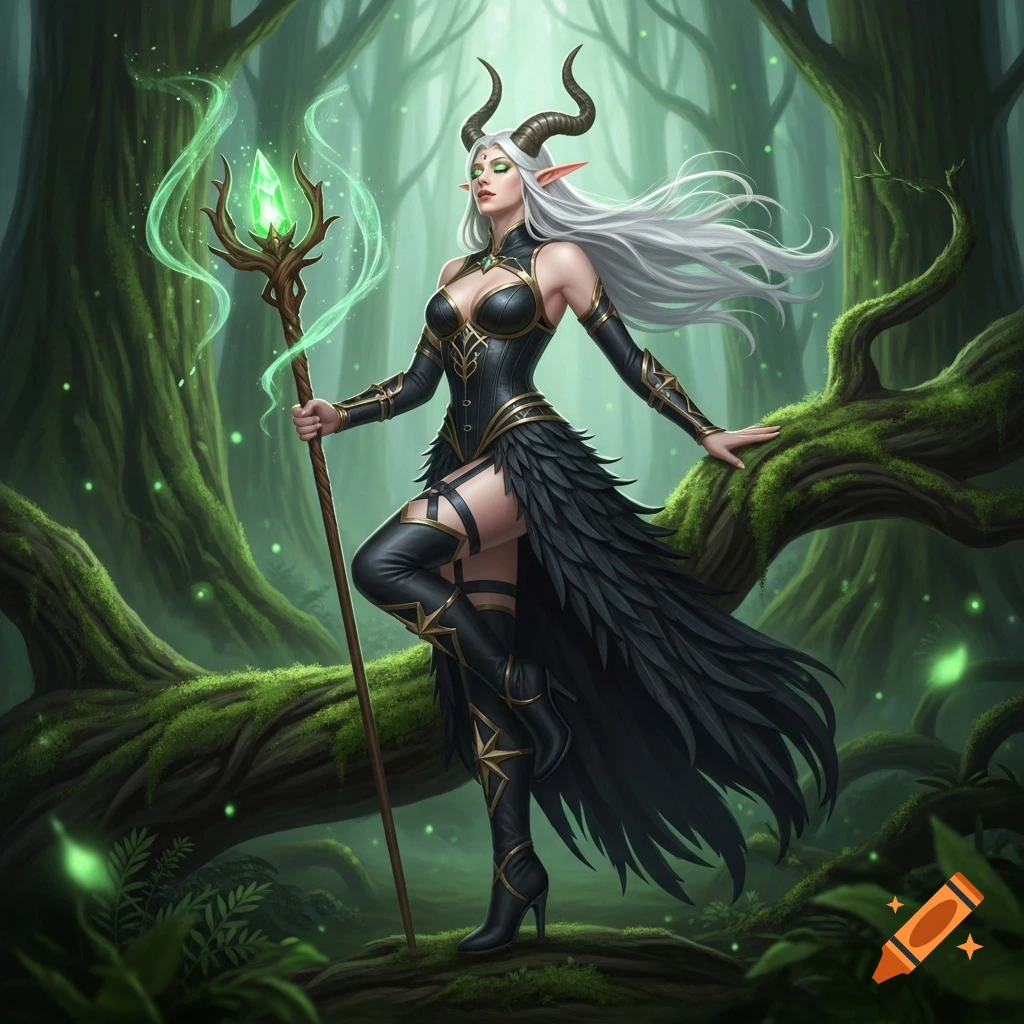 A white-haired, horned elf sorceress in a black outfit stands with a glowing green staff in an enchanted forest.