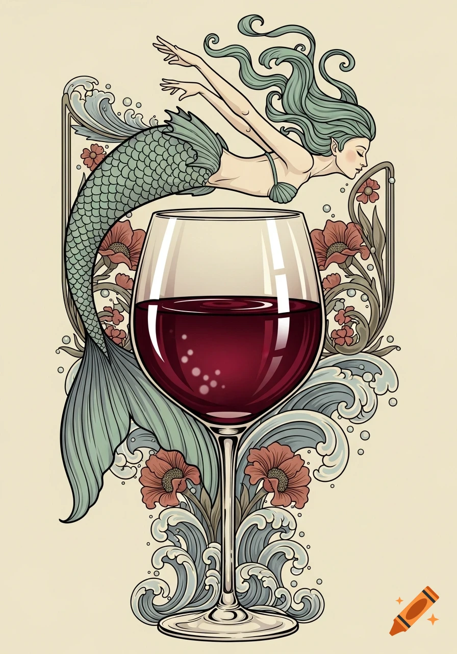A stylized mermaid with flowing green hair and a scaled tail dives into a large glass of red wine, surrounded by vintage art nouveau waves and flowers.