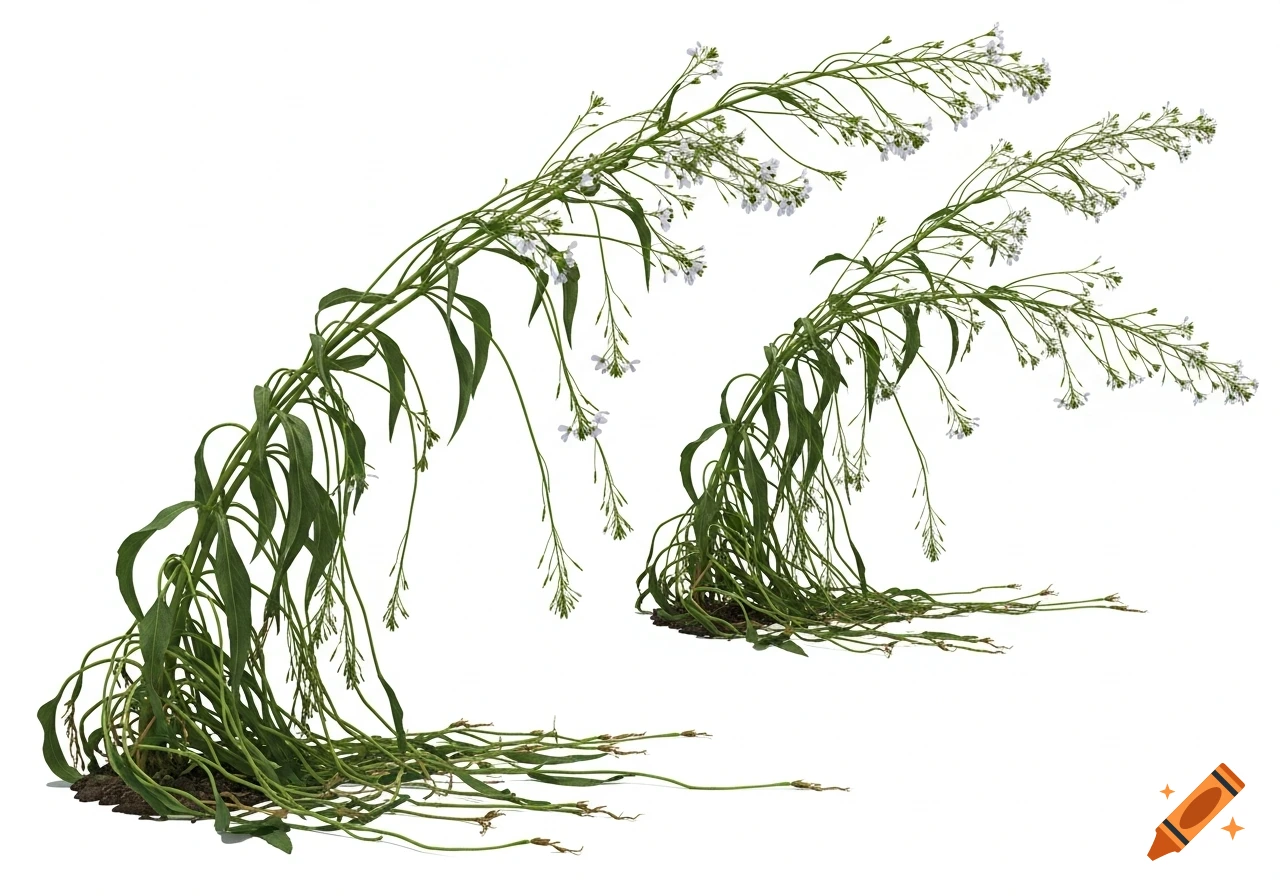 Highly realistic botanical visualization of two plants with small white flowers exhibiting stem lodging against a white background.