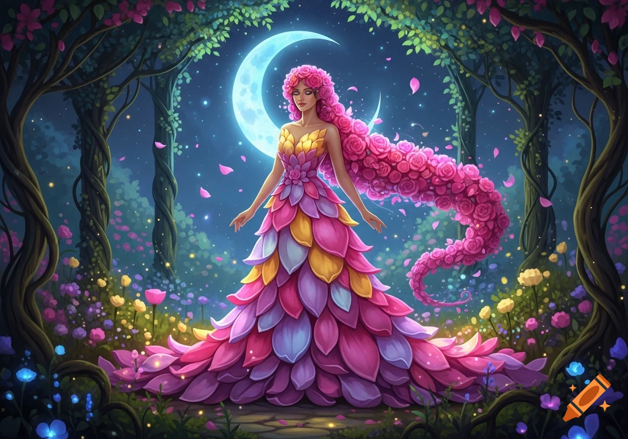 Vibrant flower goddess with long pink rose hair and a petal dress in an enchanted forest under a crescent moon.