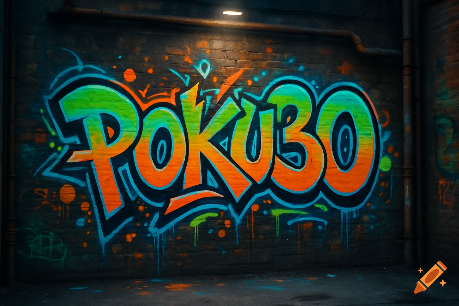 Colorful graffiti spelling 'POKU30' on a dark brick wall in an alley, illuminated by a single spotlight.