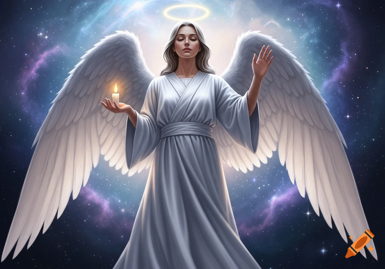 White angel with long hair and large wings, holding a lit candle and ...