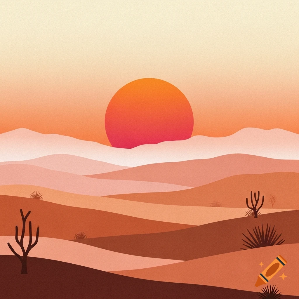 Minimalist desert scene at sunset with a large terracotta sun over layered hills and sparse desert plants in a warm, retro palette.
