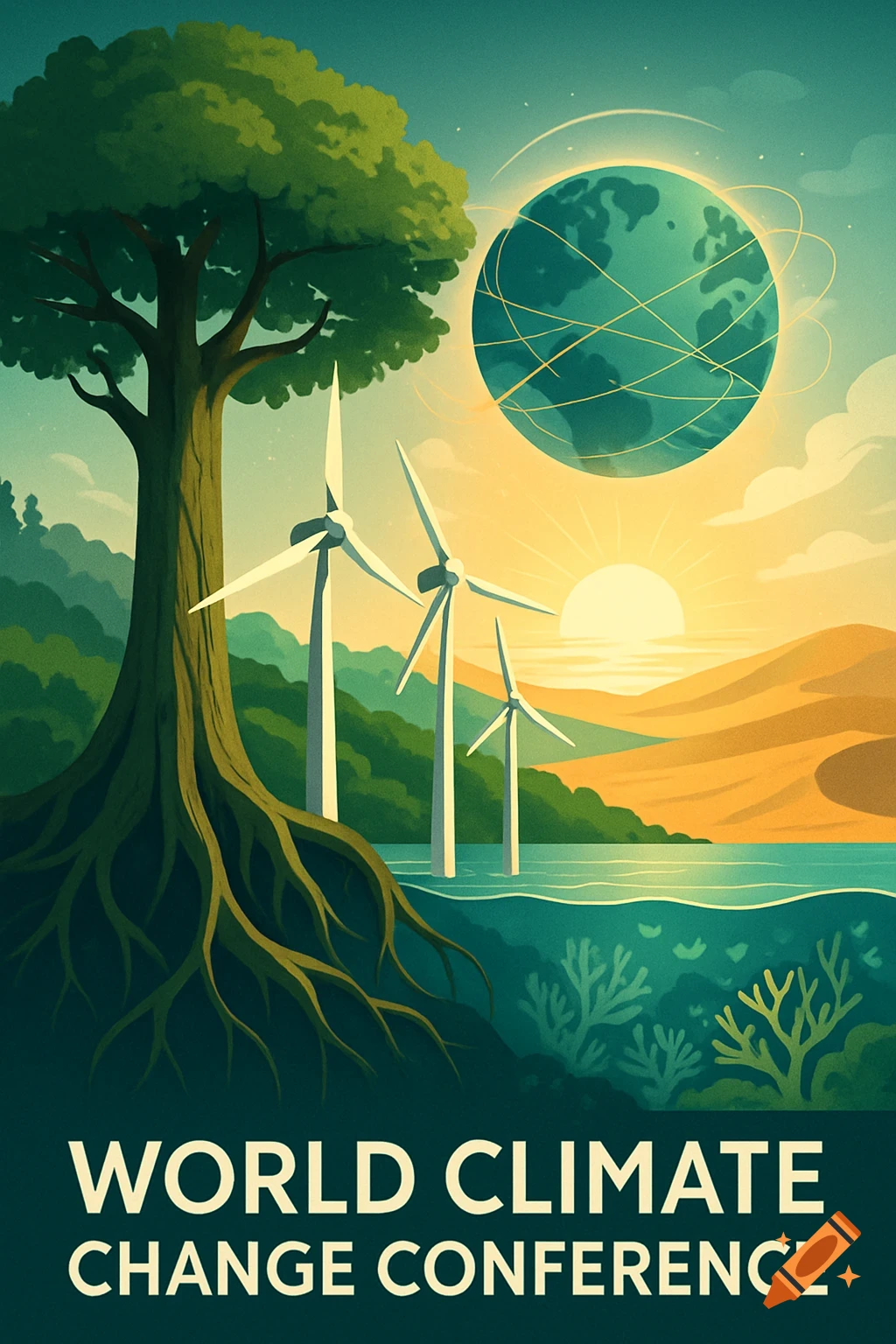 Stylized poster for a World Climate Change Conference, featuring a tree, wind turbines, a glowing Earth, and a sunset over water.