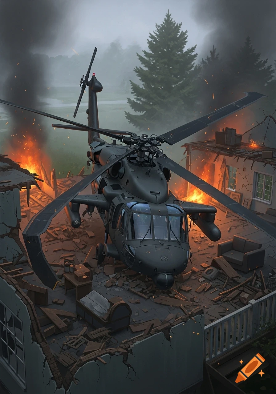 An UH-60 Black Hawk helicopter has crashed into a suburban house, which is on fire and partially destroyed, amidst smoke and debris, in a dramatic, stylized scene.