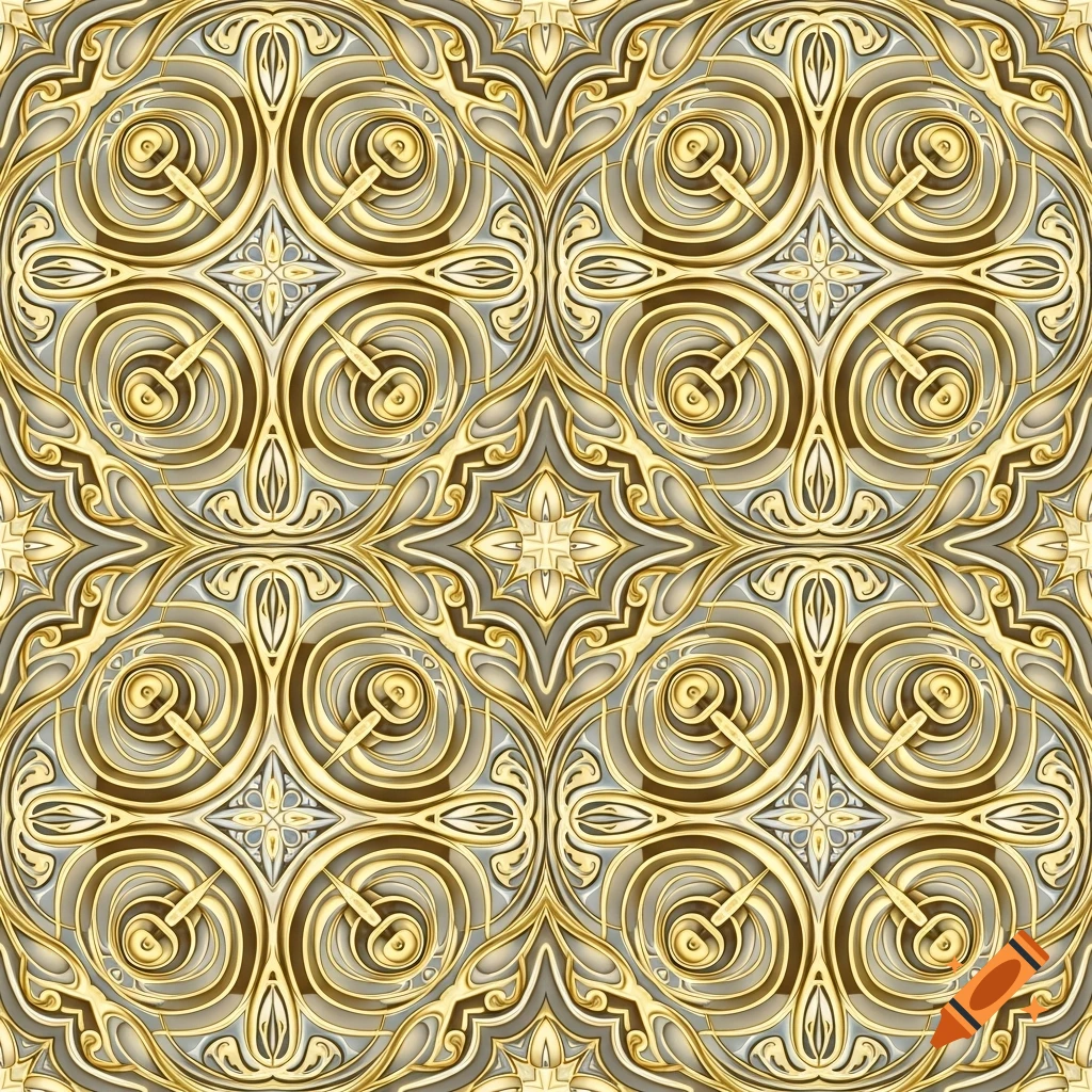 A seamless ornate pattern in gold and gray, featuring intricate swirling designs and geometric elements.