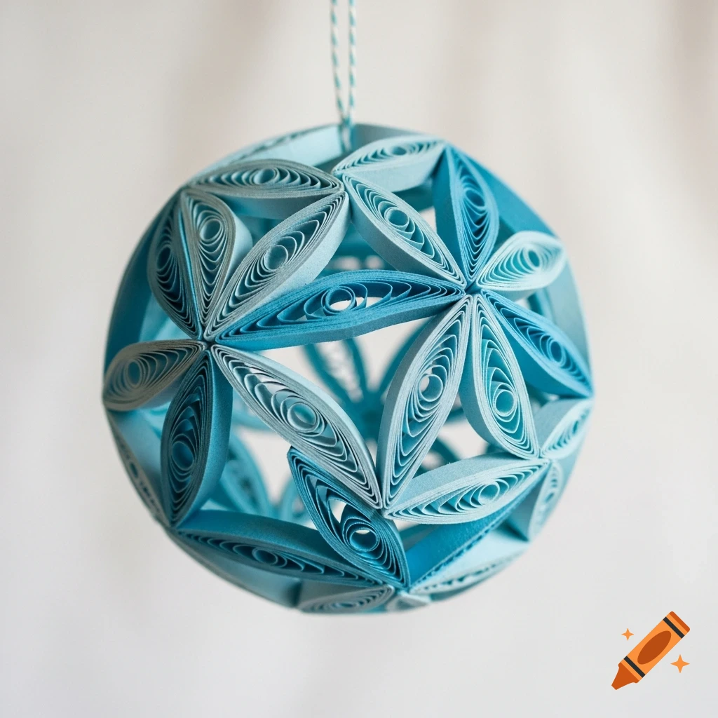 A spherical paper quilling ornament, crafted from light and dark blue paper strips, hangs against a clean white background.