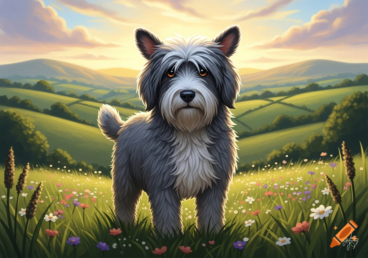 A stylized illustration of a gray and white scruffy dog standing in a field of wildflowers with green rolling hills and a sunset sky.