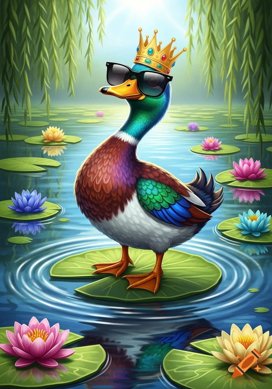 A colorful, cartoon duck wearing a golden crown and sunglasses stands on a lily pad in a pond with water lilies and willow branches.