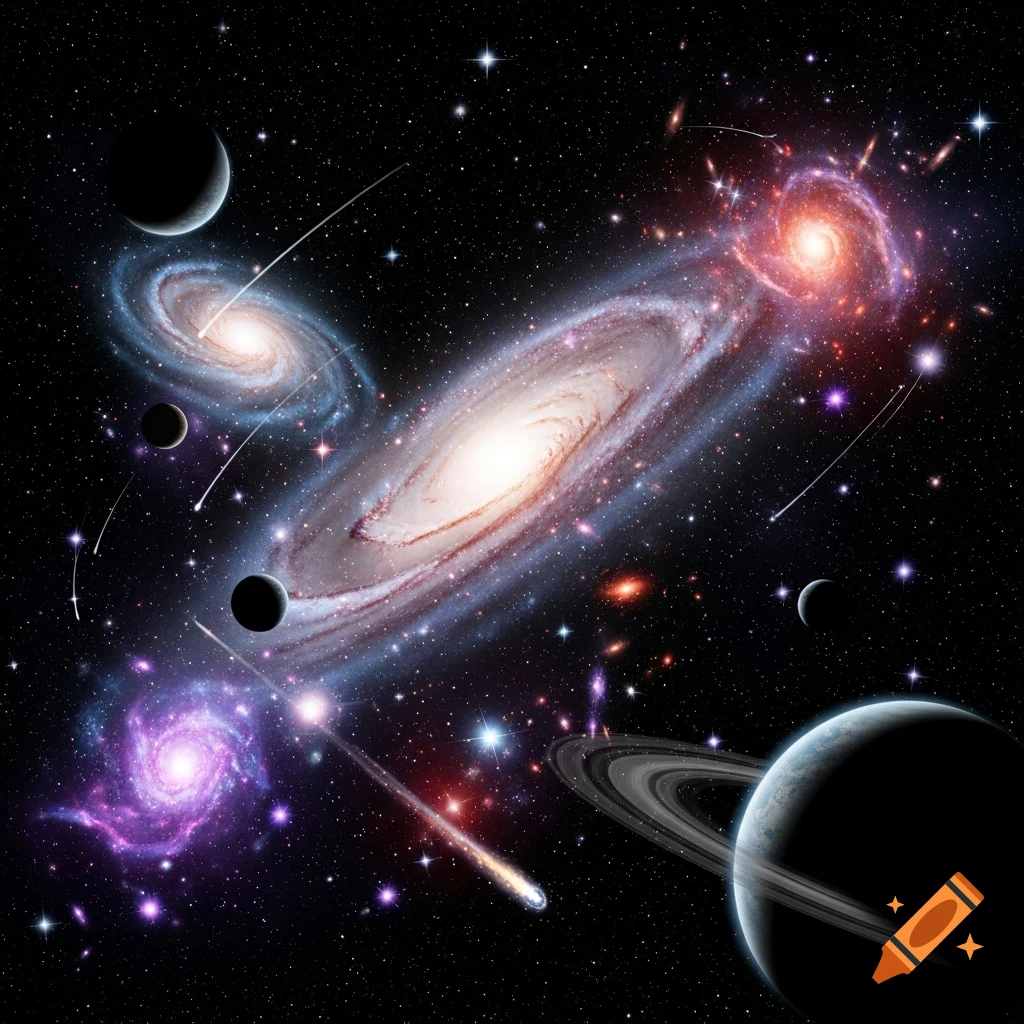 A vibrant cosmic scene with multiple spiral galaxies, planets, and shooting stars against a dark, starry background.