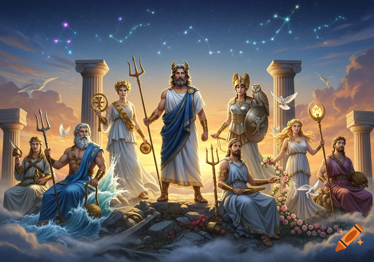 A grand assembly of Greek gods and goddesses, including Zeus, Poseidon, and Athena, stand among ancient ruins at sunset with constellations.