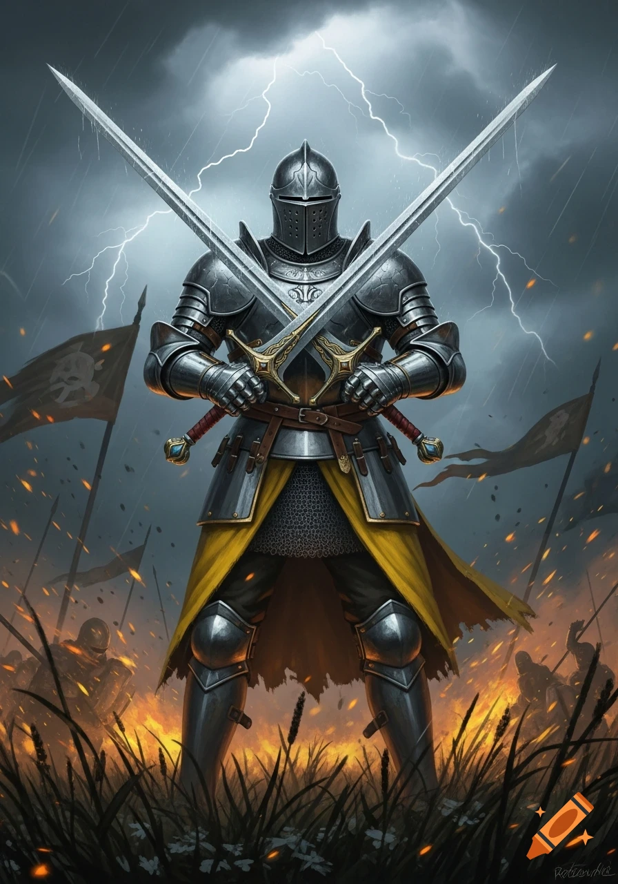 Armored knight holding two crossed swords on a stormy battlefield with lightning and distant fires, detailed fantasy illustration.