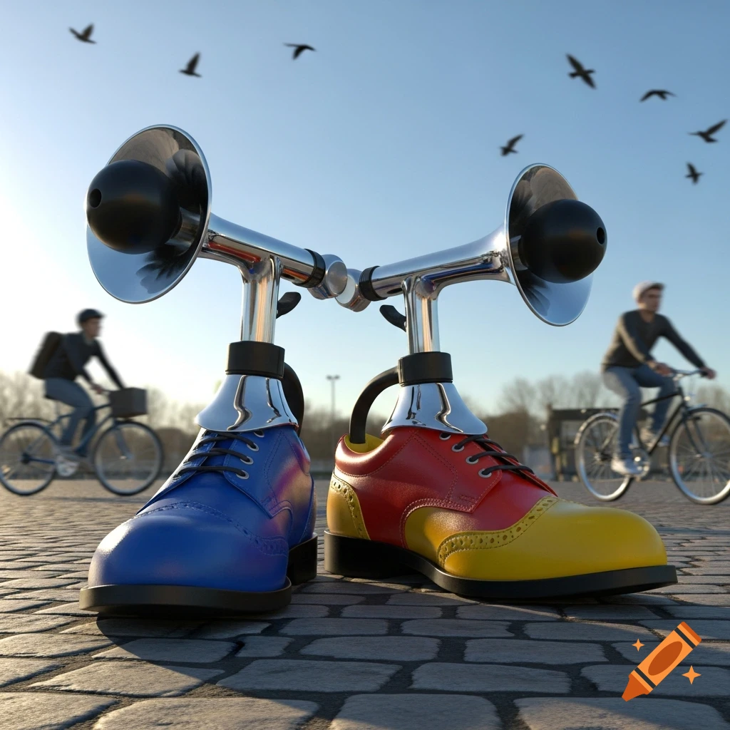 Two stylized dress shoes, one blue, one red and yellow, with bike horns for toes stand on cobblestones, with blurred cyclists and birds in the background in a photorealistic style.