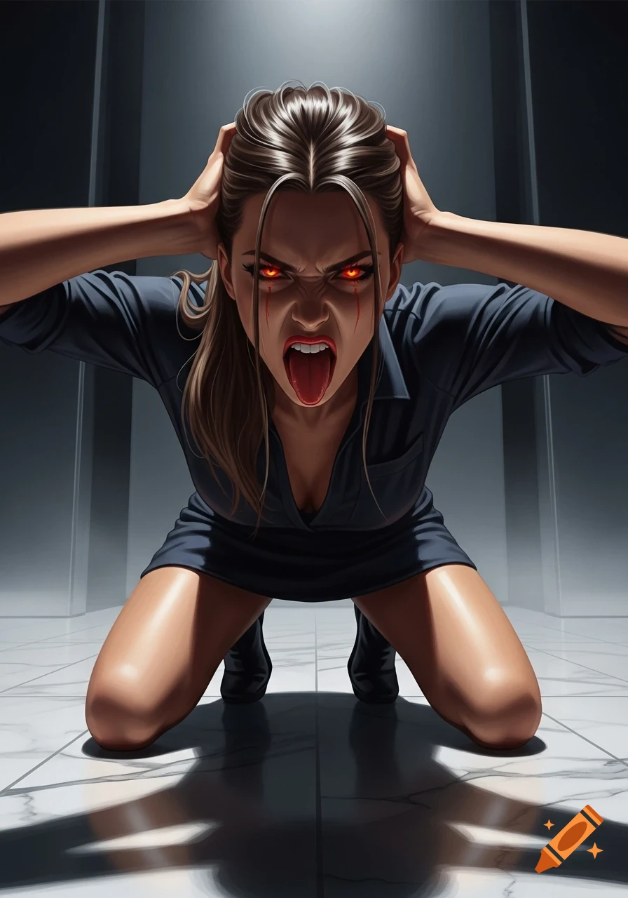Stylized portrait of an angry woman with glowing red eyes, kneeling, hands clutching her head, and tongue sticking out.
