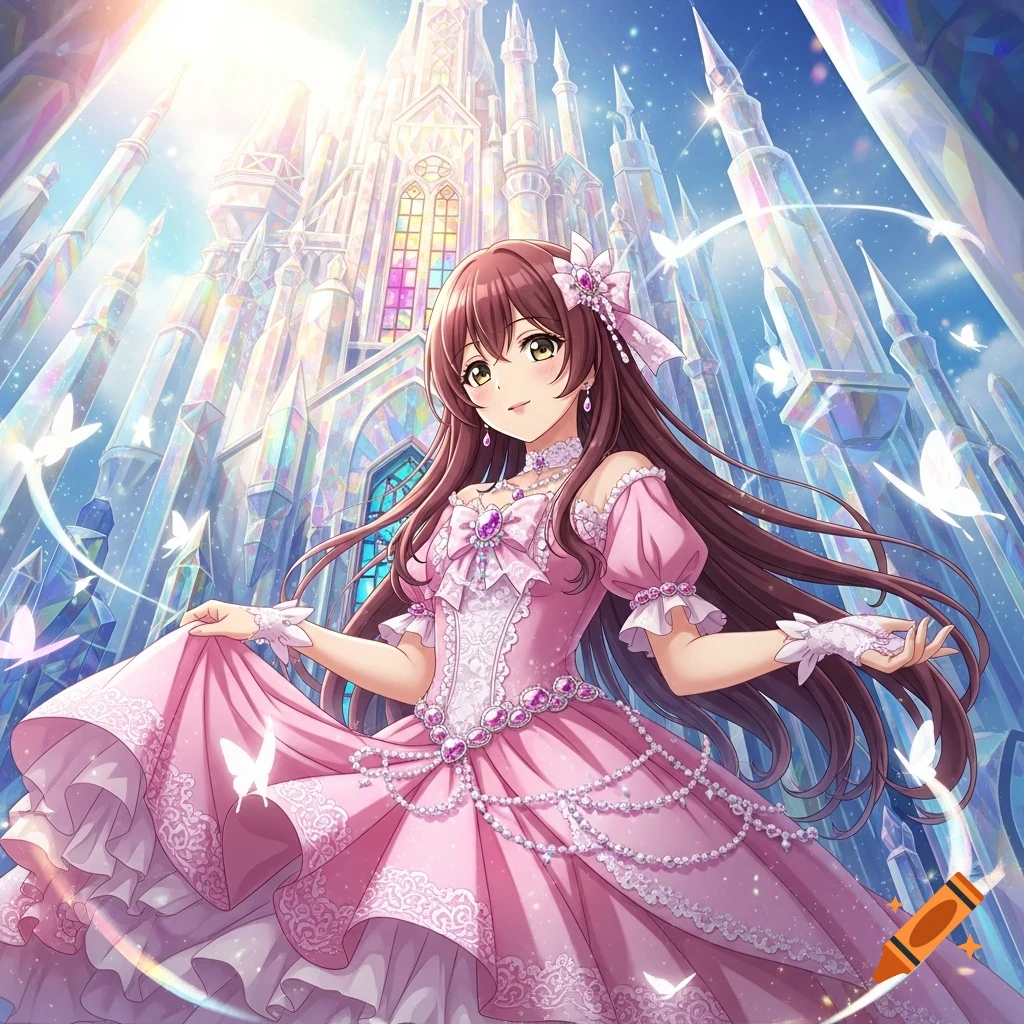 A smiling anime girl with long brown hair in a pink princess dress stands before a sparkling crystal castle with butterflies.