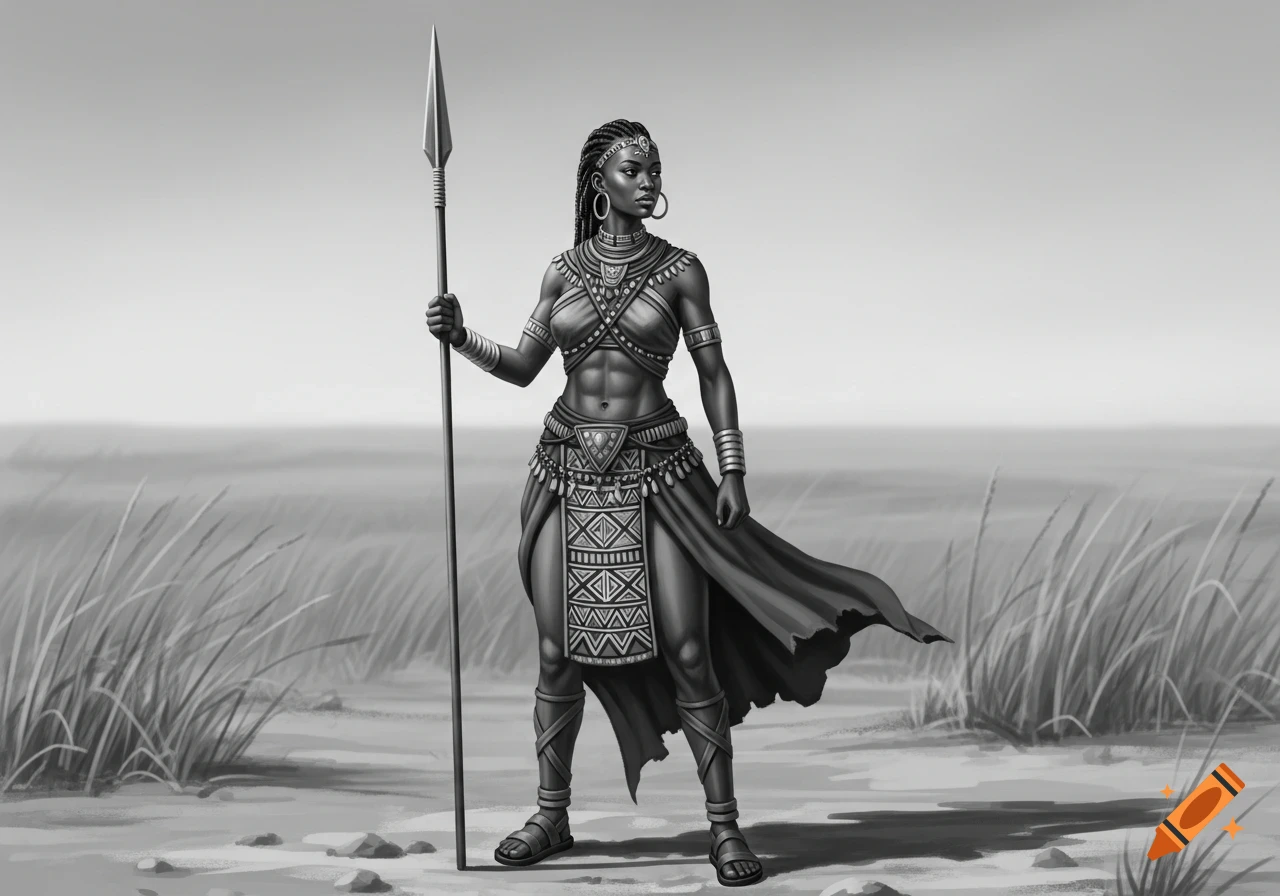 A black and white illustration of an African warrior woman with cornrows, standing in a grassy landscape, holding a spear.