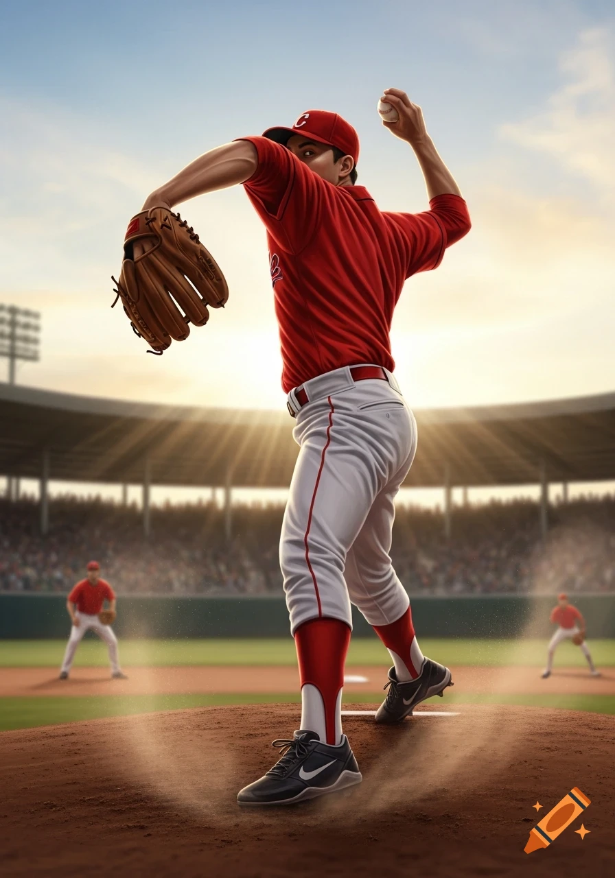 A photorealistic image of a baseball pitcher in a red and white uniform throwing a fastball from the mound in a stadium at sunset.