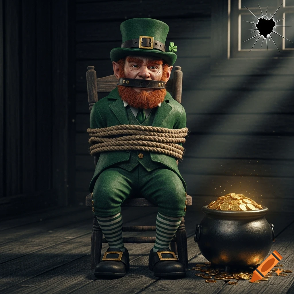 A gagged leprechaun tied to a chair with rope, next to his pot of gold in a gritty, dark room.
